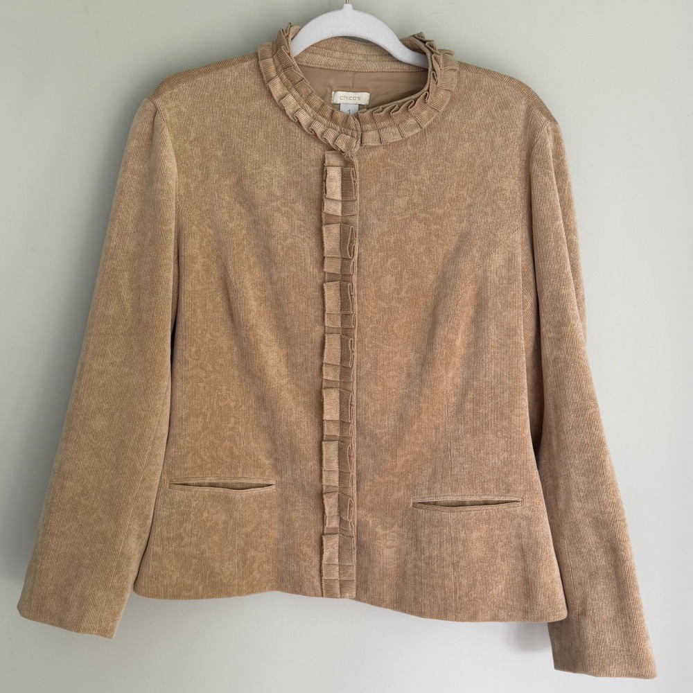 Chicos Pinwale Soft Corduroy Damask Jacket Tan Ruffle Collar Placket SZ 1 Medium